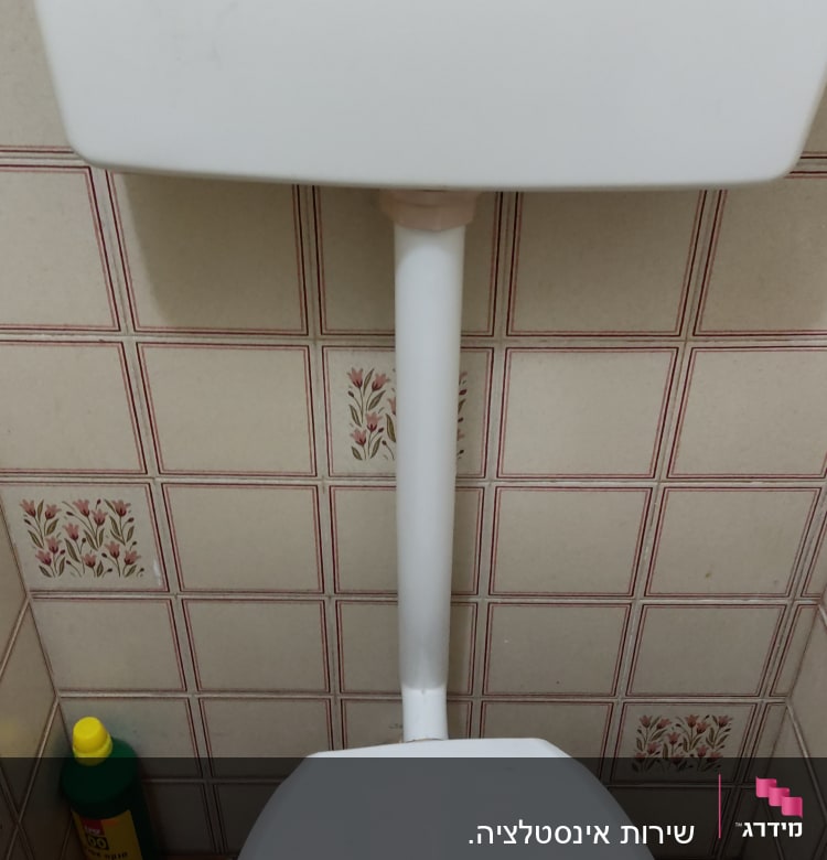 אסלה עם מיכל הדחה ובקבוק חומר ניקוי